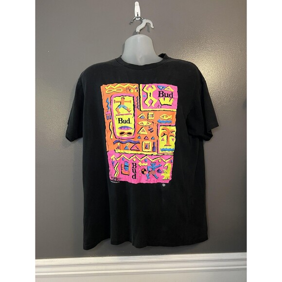 Vintage Budweiser Bud Shirt Mens XL Black Neon Graphic Beer Promo Anheuser 90s - Picture 1 of 8